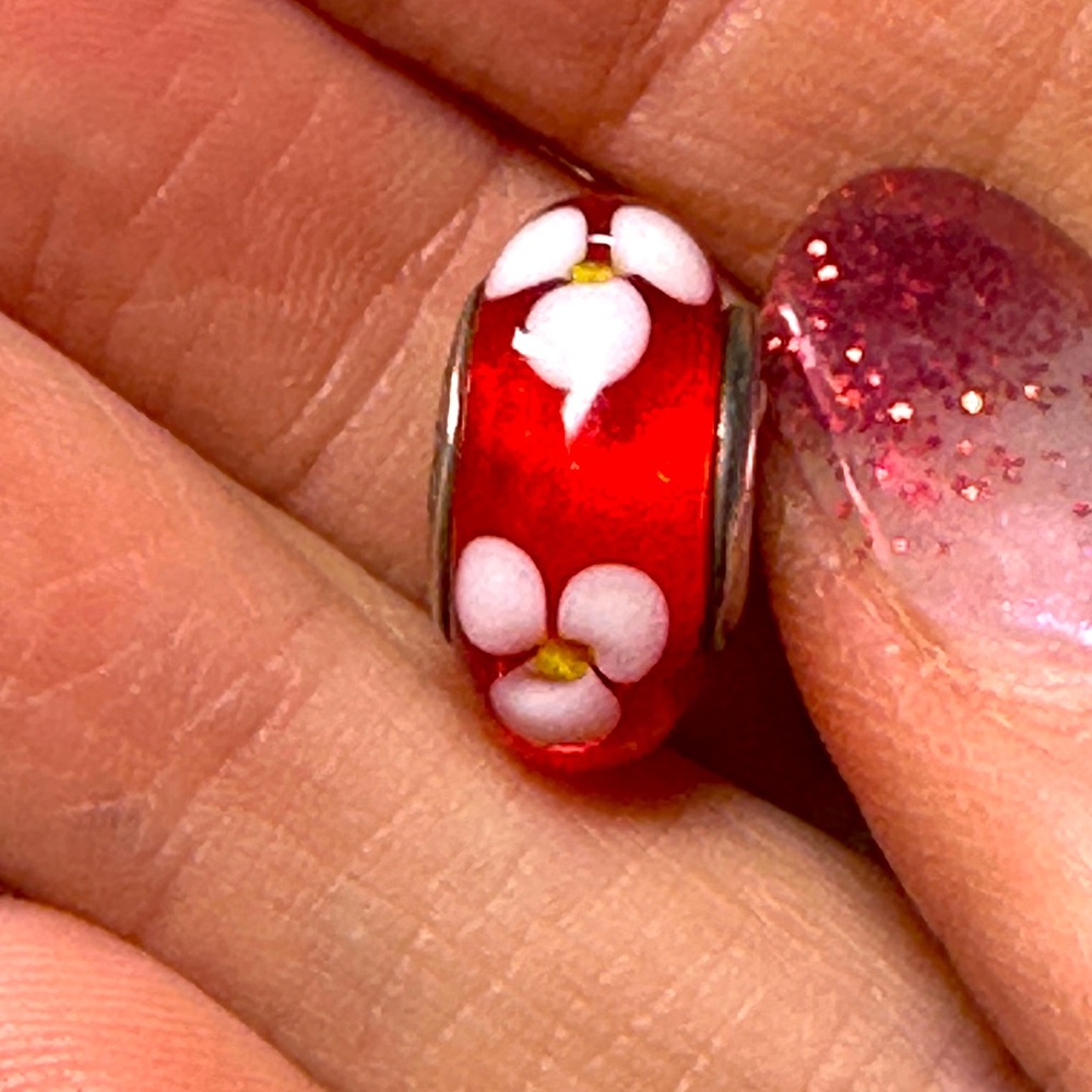 Authentic Pandora Silver RED Murano Glass White Flower Bead Charm Bracelet .925